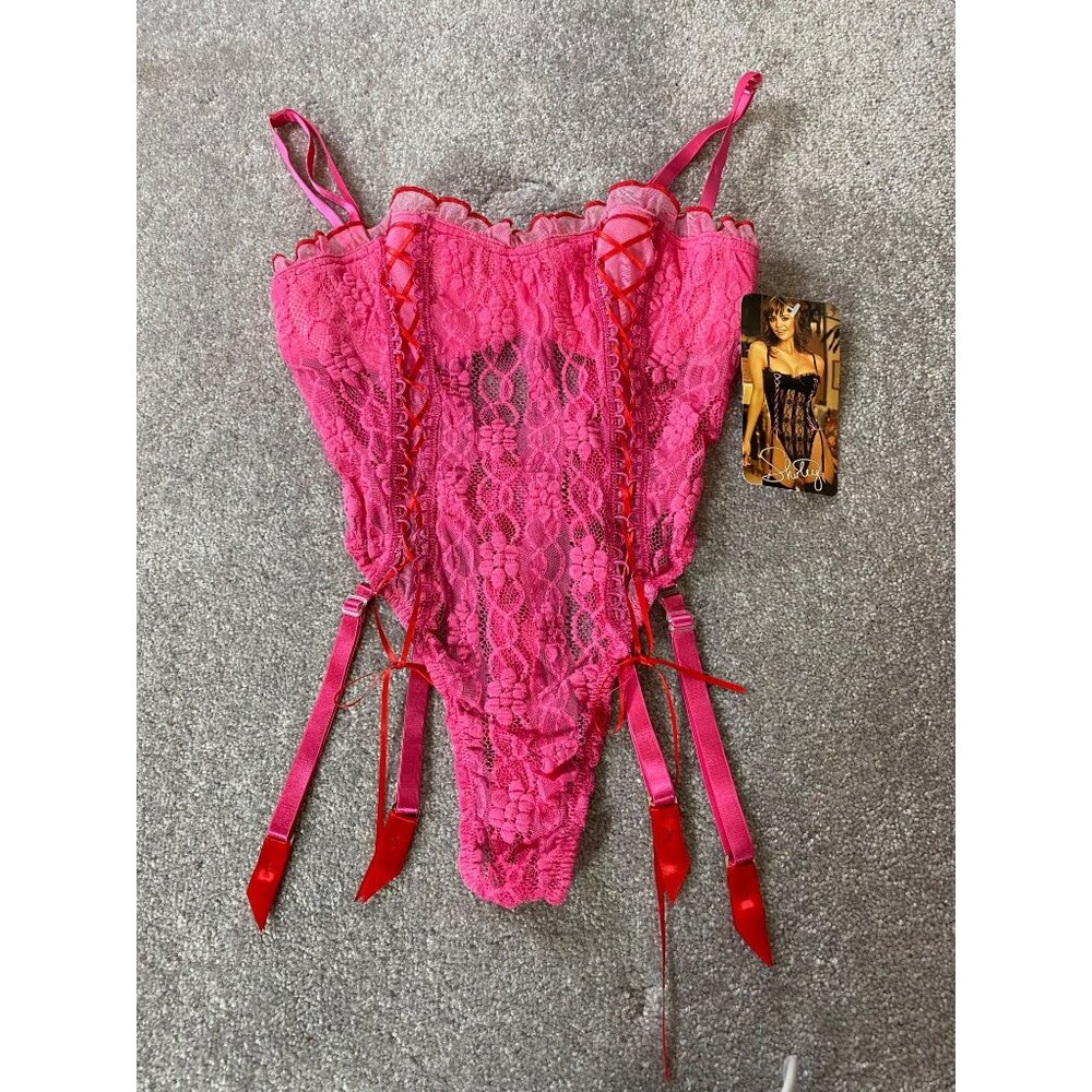 Shirley or Hollywood Lace Pink Teddy Garter Straps Small